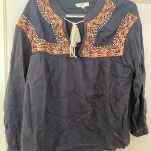 Entro boho longsleeve embroidered grey rope-tie blouse